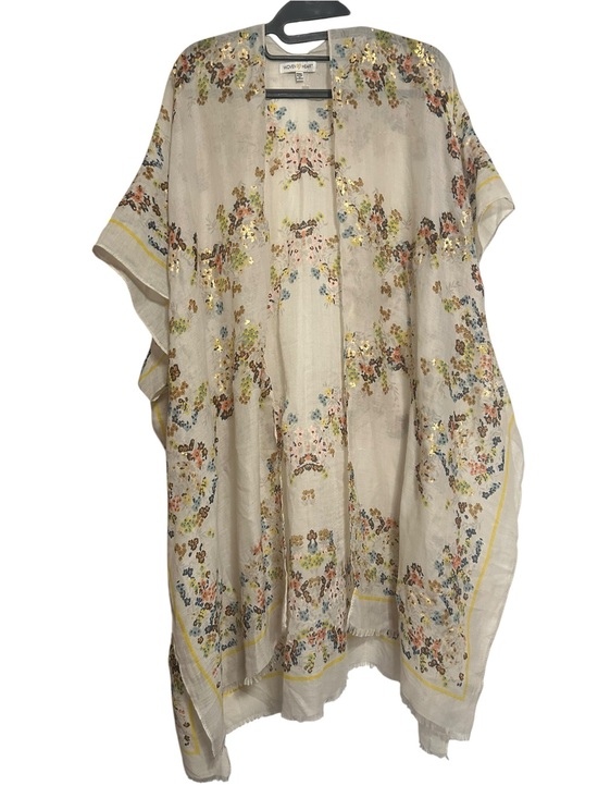 Woven Heart Other - Woven Heart Floral Kimono OS Sheer Gold Metallic Accent Open Front Cover Up Boho